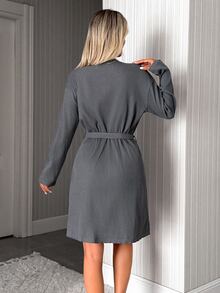 SHEIN PLUS Women Cotton Rib Knit Long Sleeve Ruffle Trim Belted Robe With Pocket Comfortable Homewear - Grey - View 2