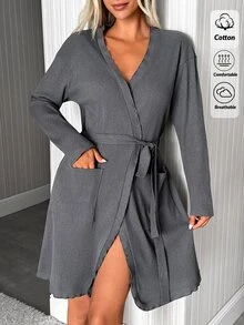 SHEIN PLUS Women Cotton Rib Knit Long Sleeve Ruffle Trim Belted Robe With Pocket Comfortable Homewear - Grey - View 4