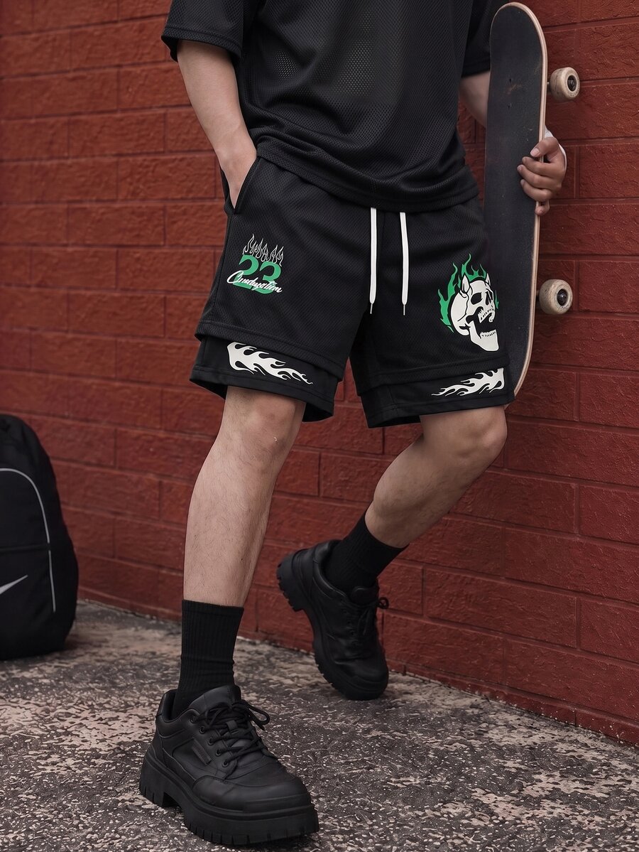 Gym Rark Men's Summer Casual Fashion Streetwear Daily Commute Skull Flame Digital Print Drawstring Waist 2 In 1 Sports Shorts, Gym, Holiday - Black - View 1