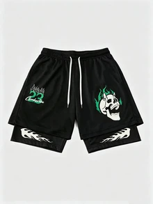Gym Rark Men's Summer Casual Fashion Streetwear Daily Commute Skull Flame Digital Print Drawstring Waist 2 In 1 Sports Shorts, Gym, Holiday - Black - View 2
