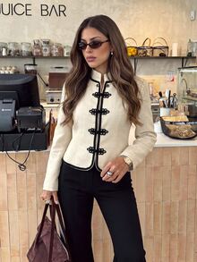 Serisse Women's Color BlockingShort "New Chinese Style" Long SleeveJacketWithMandarinCollarAndFrogClosures(Napoleon-Style) – Suitable For Work Or Dates Autumn - Multicolor - View 4