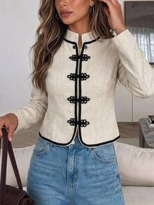 Serisse Women's Color BlockingShort "New Chinese Style" Long SleeveJacketWithMandarinCollarAndFrogClosures(Napoleon-Style) – Suitable For Work Or Dates Autumn - Multicolor - View 1