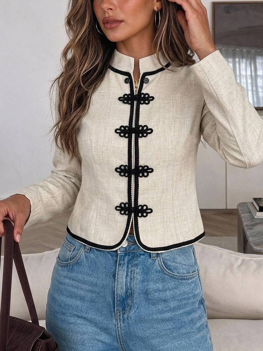 Serisse Women's Color BlockingShort "New Chinese Style" Long SleeveJacketWithMandarinCollarAndFrogClosures(Napoleon-Style) – Suitable For Work Or Dates Autumn - Multicolor - View 1