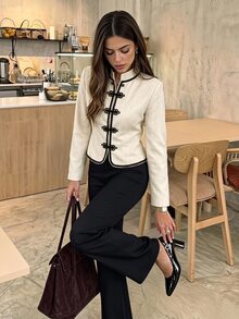 Serisse Women's Color BlockingShort "New Chinese Style" Long SleeveJacketWithMandarinCollarAndFrogClosures(Napoleon-Style) – Suitable For Work Or Dates Autumn - Multicolor - View 3
