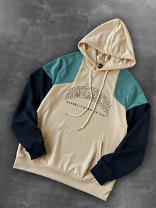 Sport MetroGents Boyfriend Style Men's Letter Print Color Block Graphic Drawstring Hooded Long Sleeve Sports Sweatshirt, For Active Wear - Multicolor - View 2