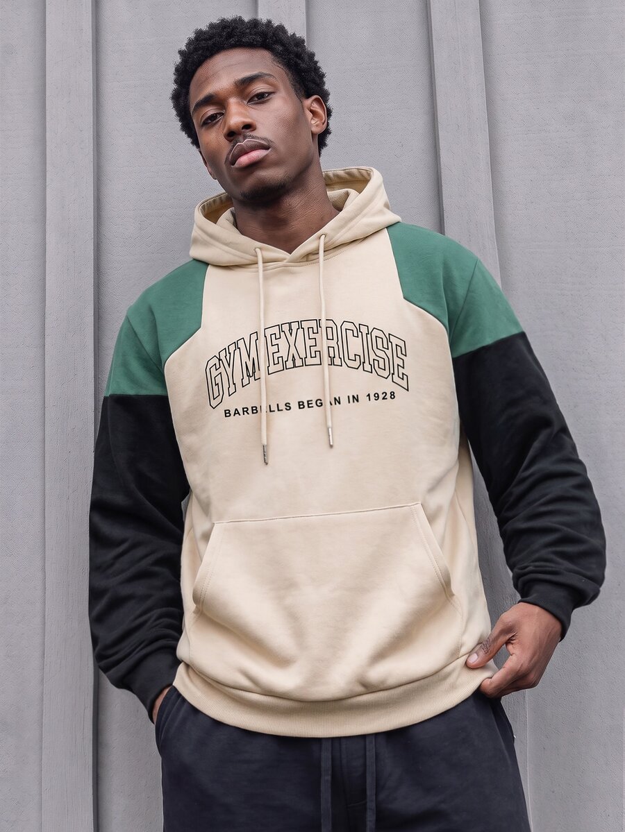 Sport MetroGents Boyfriend Style Men's Letter Print Color Block Graphic Drawstring Hooded Long Sleeve Sports Sweatshirt, For Active Wear - Multicolor - View 1