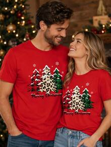 Sorvial Men's Christmas Tree Print Short Sleeve T-Shirt, Suitable As Gift For Boyfriend/Husband - Red - View 1