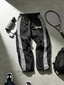 Sport MetroGents 男士拼色拼接運動長褲，健身房適用 - 黑色 - 查看 2