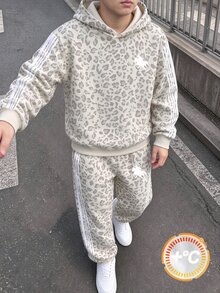 大童男孩豹紋連帽衛衣與慢跑褲2件套，側邊條紋設計，休閒運動套裝，適合秋季 - 彩色 - 查看 1