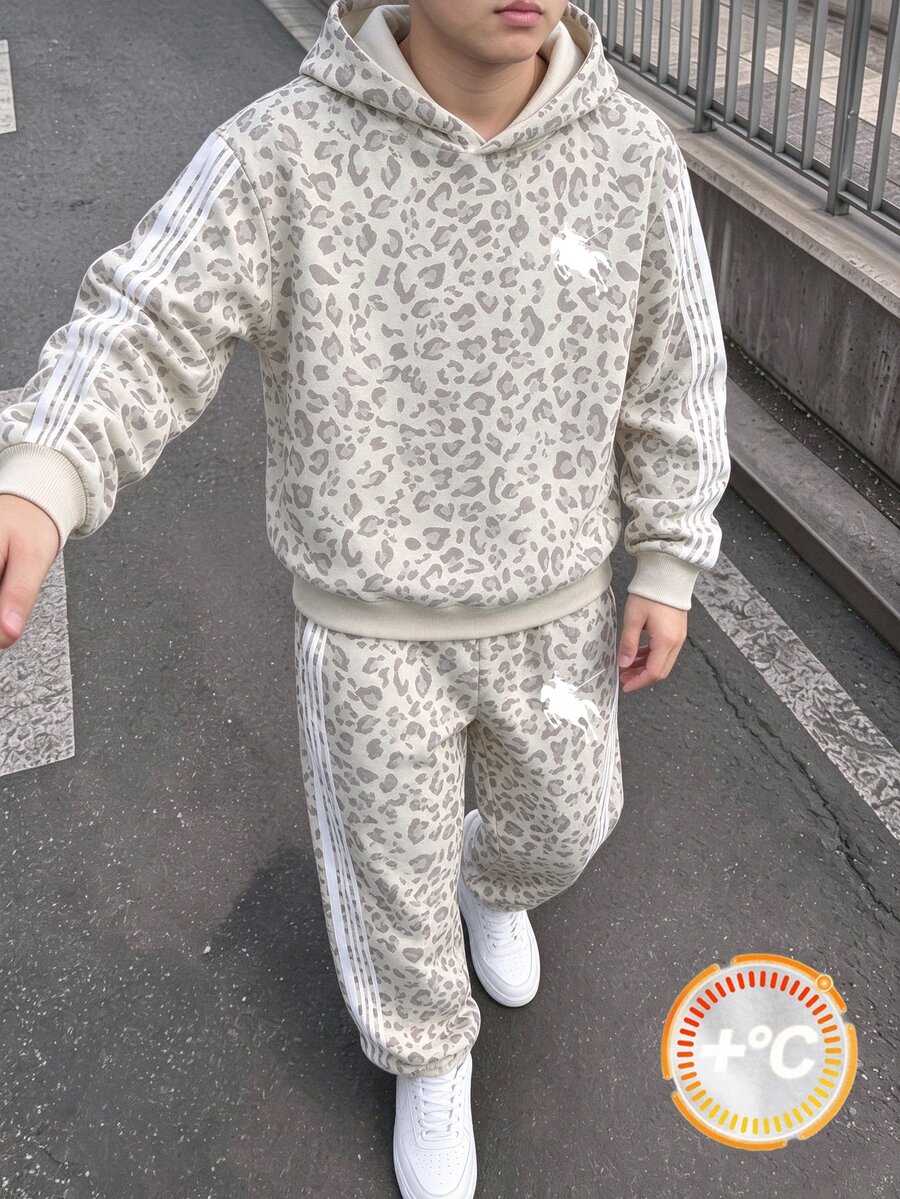 大童男孩豹紋連帽衛衣與慢跑褲2件套,側邊條紋設計,休閒運動套裝,適合秋季 - 彩色 - 查看 1