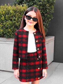 SHEIN 少女秋冬聖誕格紋鈕扣長袖夾克與迷你裙套裝 - 彩色 - 查看 2