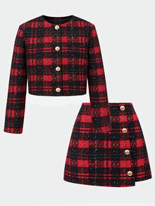 SHEIN 少女秋冬聖誕格紋鈕扣長袖夾克與迷你裙套裝 - 彩色 - 查看 4