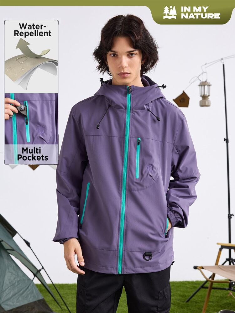 In My Nature Men's Hooded Drawstring Windbreaker Waterproof Jacket Back To School Gym Clothe Hiking Outfit Plain Zip Up,Purple Jacket - Purple - View 4
