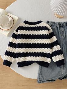 SHEIN Playful Pals Young Boys Long Sleeve Blue & White Striped Colorblock Sweater, Suitable For Spring, Autumn, Winter, Fall/Winter Seasons Pullover - Multicolor - View 3