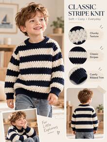 SHEIN Playful Pals Young Boys Long Sleeve Blue & White Striped Colorblock Sweater, Suitable For Spring, Autumn, Winter, Fall/Winter Seasons Pullover - Multicolor - View 7