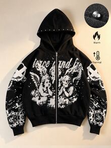 ROMWE MEN Men's Zip-Up Hoodie With Letter Print - Black - View 2