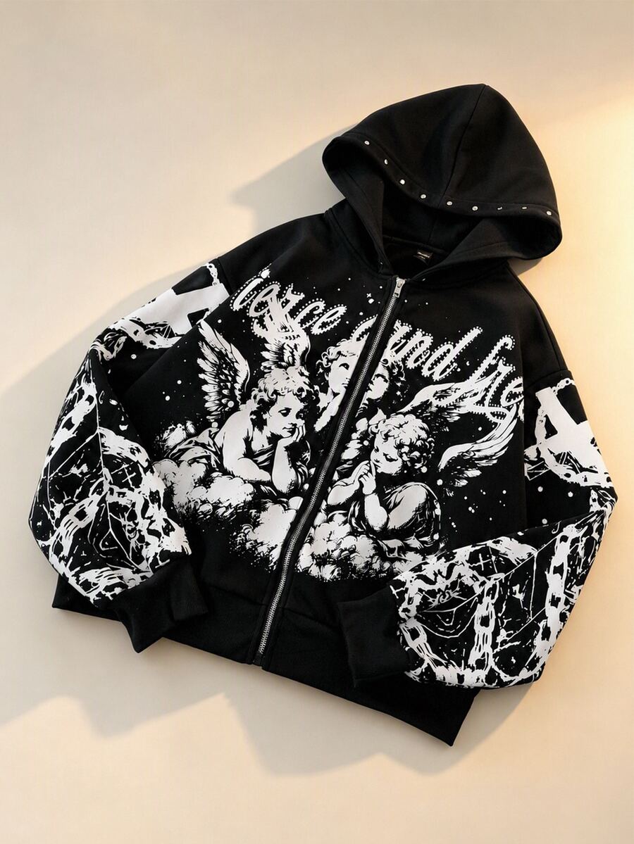 ROMWE MEN Men's Zip-Up Hoodie With Letter Print - Black - View 1