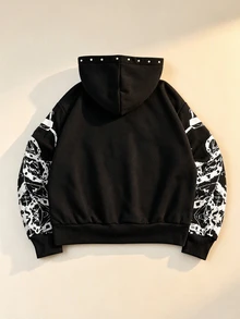 ROMWE MEN Men's Zip-Up Hoodie With Letter Print - Black - View 3
