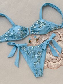 SHEIN SunnyBelle Spring/Summer Fashion Hot-Selling Embroidered Fabric Two-Piece High-End Vacation Bikini Set - Blue - View 4