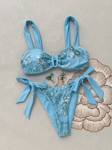 SHEIN SunnyBelle Spring/Summer Fashion Hot-Selling Embroidered Fabric Two-Piece High-End Vacation Bikini Set - Blue - View 8