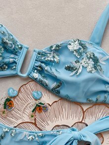 SHEIN SunnyBelle Spring/Summer Fashion Hot-Selling Embroidered Fabric Two-Piece High-End Vacation Bikini Set - Blue - View 6