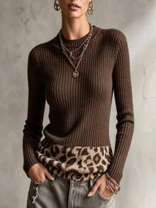 LUMIGAL Women's Patchwork Leopard Print Round Neck Long Sleeve Fashion Sweater - Multicolor - View 3