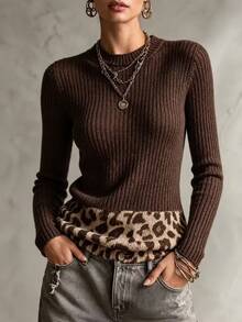 LUMIGAL Women's Patchwork Leopard Print Round Neck Long Sleeve Fashion Sweater - Multicolor - View 1