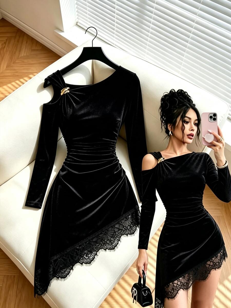 GlowEve Asymmetrical Shoulder Metal Buckle Asymmetrical Shoulder Long Sleeve Design, Ruched Waist, Asymmetrical Hemline With Eyelash Lace Trim, Slimming Fit - Black - View 1