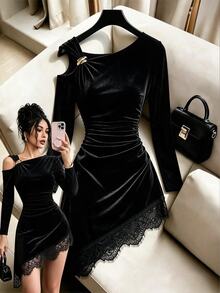 GlowEve Asymmetrical Shoulder Metal Buckle Asymmetrical Shoulder Long Sleeve Design, Ruched Waist, Asymmetrical Hemline With Eyelash Lace Trim, Slimming Fit - Black - View 7