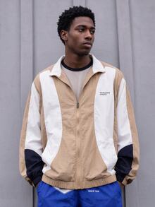 Sport MetroGents Boyfriend Style Men's Casual Color Block Patchwork Sports Jacket Sports Jacket - Beige - View 1