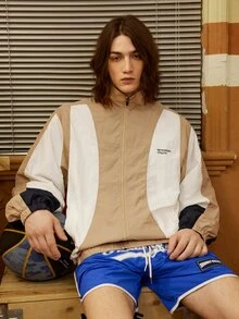 Sport MetroGents Boyfriend Style Men's Casual Color Block Patchwork Sports Jacket Sports Jacket - Beige - View 7