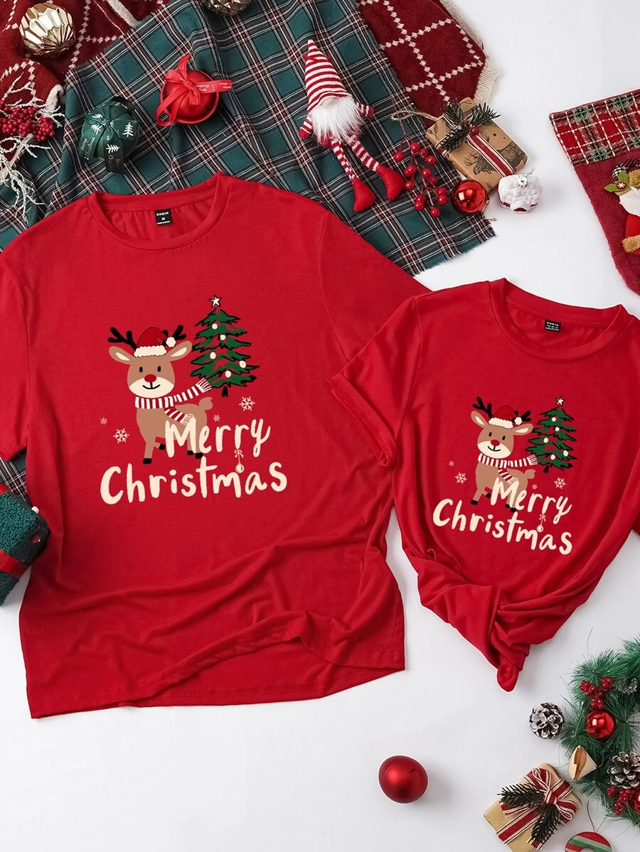 Manfinity Homme Men's Christmas Reindeer Print Short Sleeve Casual T-Shirt, Suitable For Family Gatherings - Red - View 1