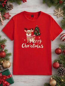 Manfinity Homme Men's Christmas Reindeer Print Short Sleeve Casual T-Shirt, Suitable For Family Gatherings - Red - View 3