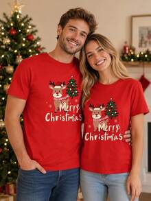 Manfinity Homme Men's Christmas Reindeer Print Short Sleeve Casual T-Shirt, Suitable For Family Gatherings - Red - View 7