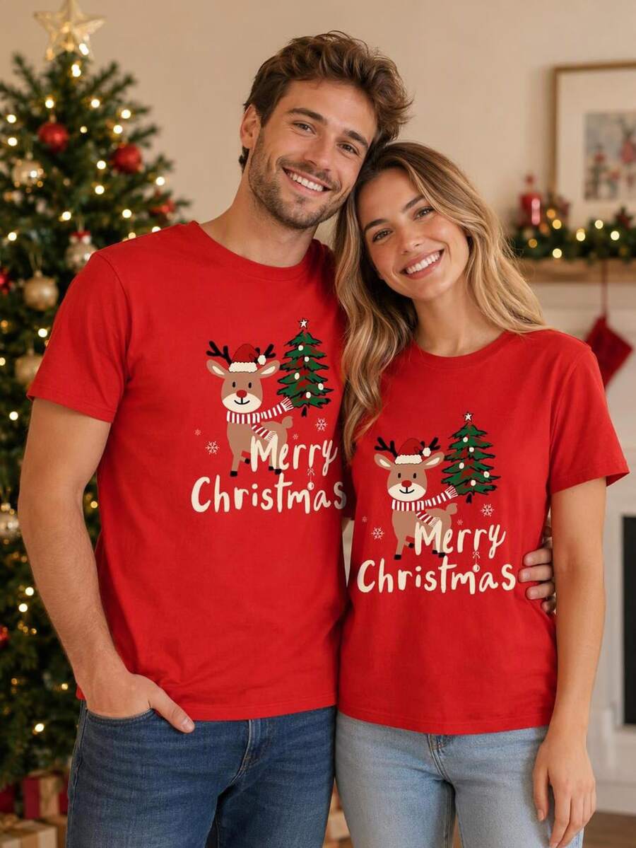 Manfinity Homme Kaos Kasual Lengan Pendek Motif Rusa Natal Pria, Cocok untuk Acara Keluarga - Merah - View 1
