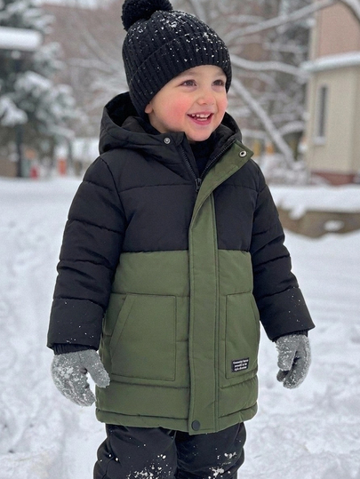 Boys' Black & Green Colorblock Patchwork Hooded Padded Coat, Comfortable & Minimalist, Suitable For Winter