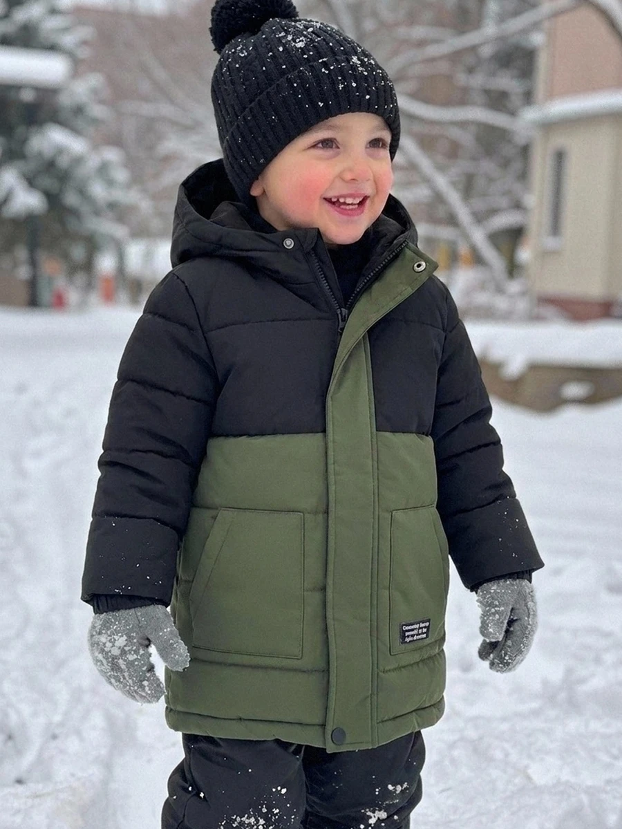 Boys' Black & Green Colorblock Patchwork Hooded Padded Coat, Comfortable & Minimalist, Suitable For Winter