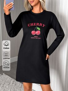 SHEIN PLUS Women's Cherry Letter Print Round Neck Sleep Dress - Black - View 3