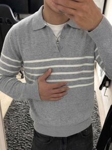 Marcello Vane 男士 Polo 領長袖套頭毛衣，Ins 風格，華麗派對街頭成熟風，寬鬆版型拼色秋季正式老錢風毛衣 - 淺灰色 - 查看 1