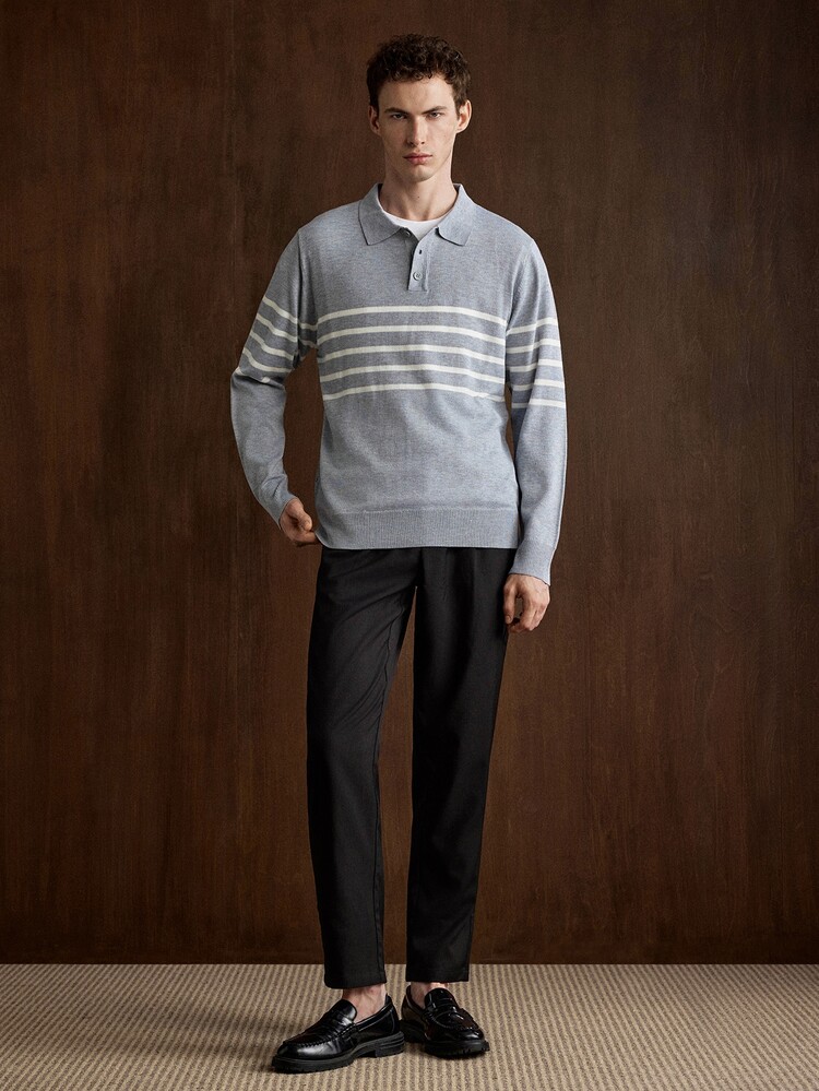 Marcello Vane Men's Polo Collar Long Sleeve Pullover Sweater, Ins Style, Glamorous Party, Street Mature, Loose Fit Sweater Colorblock Autumn, Formal, Old Money - Light Grey - View 5