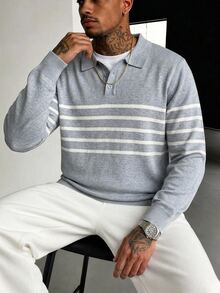 Marcello Vane 男士 Polo 領長袖套頭毛衣，Ins 風格，華麗派對街頭成熟風，寬鬆版型拼色秋季正式老錢風毛衣 - 淺灰色 - 查看 2