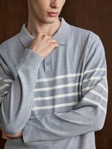 Marcello Vane 男士 Polo 領長袖套頭毛衣，Ins 風格，華麗派對街頭成熟風，寬鬆版型拼色秋季正式老錢風毛衣 - 淺灰色 - 查看 7