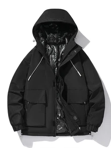 Sport MetroGents 男士纯色前拉链长袖口袋简约休闲连帽棉服外套 - 黑色 - 查看 2