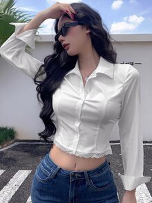 DAZY 春秋款性感魚骨鏤空拼接學院風修身鏤空蕾絲飾邊拼接女式長袖優雅辦公上衣 - 白色 - 查看 1