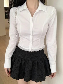 DAZY 春秋款性感魚骨鏤空拼接學院風修身鏤空蕾絲飾邊拼接女式長袖優雅辦公上衣 - 白色 - 查看 9