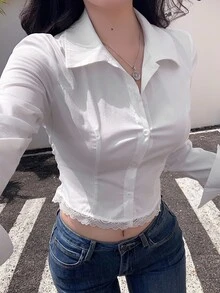 DAZY 春秋款性感魚骨鏤空拼接學院風修身鏤空蕾絲飾邊拼接女式長袖優雅辦公上衣 - 白色 - 查看 6