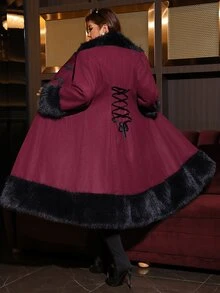 Reflora 大尺碼女款優雅性感1920年代復古大衣，盤扣門襟搭配人造毛拼接，酒紅色秋季正式晚宴外出外套 - 紅色 - 查看 10