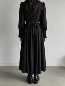 SHEIN ICON 女款極簡鈕扣百褶時尚洋裝 - 黑色 - 查看 3