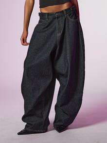 COUREZ Baggy Balloon Jeans With Adjustable Straps In Rinse Wash /Y2K Fall Clothes For Women Women Fall/Winter Pants Autumn Clothes Going Out Outfits  - Black - View 6