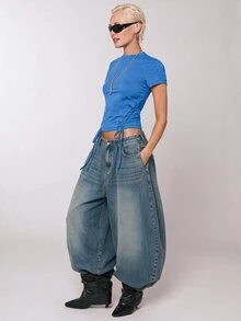 COUREZ 側邊格紋短袖上衣 Y2K 黑色 T-shirt 夏季休閒外出日常穿搭服飾 - 寶藍色 - 查看 4